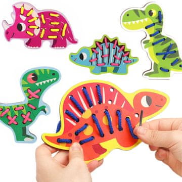 Nikcorp Drvena edukativna slagalica s vezicama za djecu, set 5 višebojnih dinosaura, razvoj ručne spretnosti i koordinacije, materijal drvo, dimenzije 17,5 x 10 cm