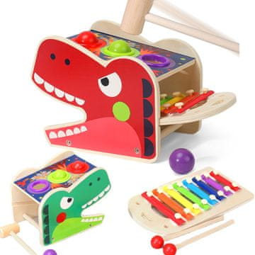 Nikcorp Drveni čekić T-Rex Sorter i Ksifon 3u1, edukativna igračka za djecu, drveni materijal, 23x15.5x12 cm, set uključuje 3 kuglice i 2 štapića, razvoj motorike i glazbena edukacija