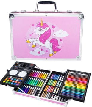 Nikcorp Kreativni Set za Crtanje 145 Komada u Aluminijskom Koferu – Bojice, Flomasteri, Pastele, Akvarelne i Plakatne Boje, Kistovi, Olovke, Gumice, Šiljilo, 34.5x24x9cm, Ružičasti