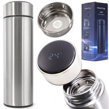 Nikcorp Pametna termalna čaša Smart LED 500 ml, nehrđajući čelik, srebrna, 6,7x21,5 cm, kontrola temperature jednim dodirom, zaslon osjetljiv na dodir, vizualizacija topline, vakuumsko izoliranje, cjedilo u