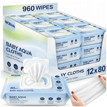 Nikcorp Vlažne maramice za bebe, hipoalergijske, 99,89% vode, set 12 pakiranja (80 kom/pak), ukupno 960 komada, 60 g/m², s flip-top poklopcem, za osjetljivu kožu, bez alkohola i mirisa