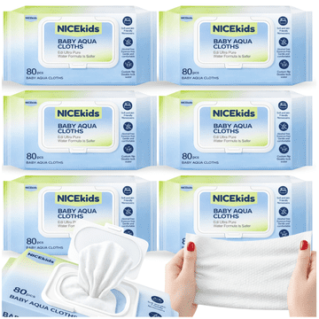 Nikcorp Hipoalergenske vlažne maramice za bebe, 480 komada (6x80), 99.89% filtrirane vode, bez alkohola i mirisa, za osjetljivu kožu, 60g/m2, 3D biserni uzorak, plastični poklopac