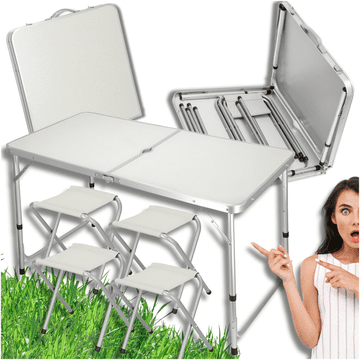 Nikcorp Sklopivi turistički set 5u1: aluminijski stol i 4 stolice u koferu, 120x60x70.5cm, podesiva visina 54-70.5cm, 7kg, idealan za kampiranje, piknik, terasu, vrt, djecu