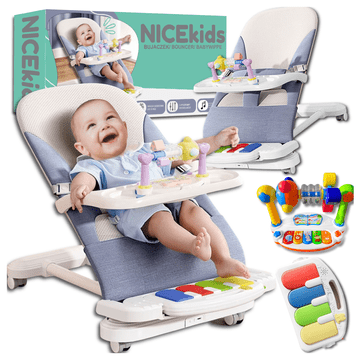 Nikcorp Sklopiva ležaljka za bebe, interaktivna, udobna, siva, 60x40cm, do 9kg, s pianom i pladnjem, 3-stupanjska regulacija, periva tkanina, kotačići 360°, čelična konstrukcija