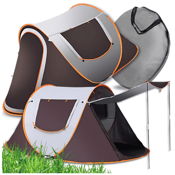 Nikcorp Šator za kampiranje Samorasklopivi Pop-Up za 2 osobe, Brzo postavljanje, Lagani, Vodootporni 190T poliester, Dimenzije 245x145x110cm, Smeđi/Sivi s narančastim rubom, Težina 2.4kg, UV zaštita, Mreža