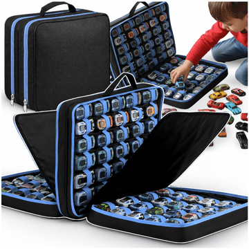 Nikcorp Organizator za autiće 96 komada, putna torba za igračke, izdržljiva plastika, crna s plavim detaljima, 12x30x35 cm, ojačana konstrukcija, patentni zatvarač, ručka za nošenje