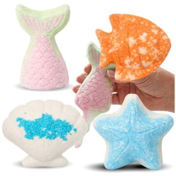 Nikcorp Set od 4 mirisne kugle za kupanje, Aromatična relaksacija, Pjenjenje, Bojanje vode, Prirodni sastojci, Opuštanje, 4 oblika (školjka, ribica, zvijezda, sirena), 6.5cm x 2.5cm x 9cm, 100g po komadu