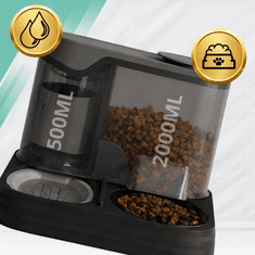 Nikcorp Automatski dozator hrane i vode za kućne ljubimce 2u1, gravitacijski, crno-prozirni, 27x23x23 cm, kapacitet 2500 ml (2000 ml hrana + 500 ml voda), plastika, za pse i mačke, bez napajanja