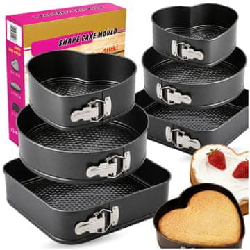 Nikcorp Set 6 kalupa za tortu, neprianjajući, metalni, crni, visina 7cm, okrugli (24/26cm), četvrtasti (26/28cm), srce (18/20cm), odvojivi rubovi, za slastice