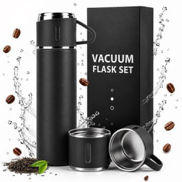 Nikcorp Termos putni 500 ml, nehrđajući čelik, crni, set 3 šalice, dvostruka stijenka, nepropusno zatvaranje, idealan za kampiranje, putovanja, posao