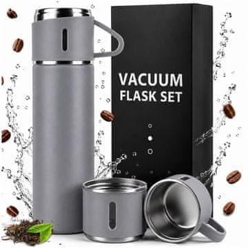Nikcorp Set termosa s 3 šalice 500 ml, čelični turistički termos za vruće i hladne napitke, dvostruka izolacija, nepropusni poklopac, elegantna siva boja, idealan za planinarenje, kampiranje i putovanja