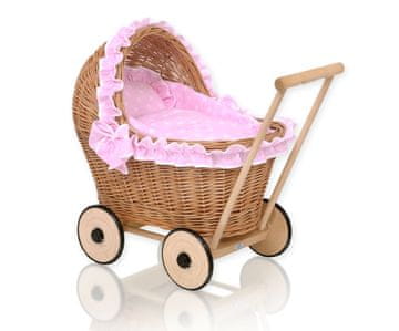 MY SWEET BABY Pletena kolica za lutke s ružičastom posteljinom i mekom chiara podstavom - prirodna