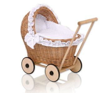 MY SWEET BABY Pletena kolica za lutke s bijelom izvezenom posteljinom i mekom aurora podstavom - prirodna