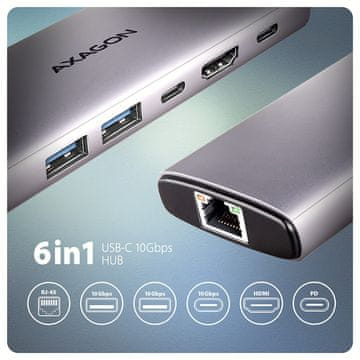 AXAGON Axagon HMC-6G2L USB hub, 10Gbps, 2x USB-A, 1x USB-C, HDMI 4K/60Hz, RJ-45, PD 100W