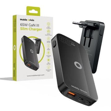 Mobile-origin III Slim punjač, 65 W, 3 izlaza, crni (GAN-65W-SLM-BLK)