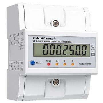 Qoltec Trofazno elektroničko brojilo s resetiranjem | Brojilo energije za DIN šinu | 400V | 100A | LCD | LED | 4P