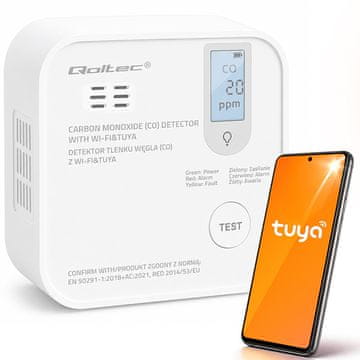Qoltec certificirani bežični senzor ugljičnog monoksida s baterijom | Detektor CO | TUYA | Wi-Fi | Vijek trajanja senzora 10 godina | Alarm od 85 dB | LED