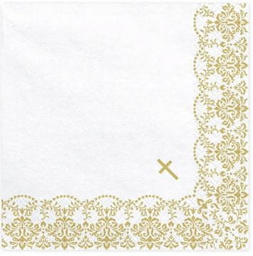 Serwetki KOMUNIJNE Białe ZŁOTE Ornament Komunia Święta Krzyż 33x33cm 20szt.