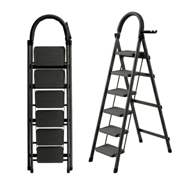 Nikcorp Crne sklopive čelične ljestve sa 6 stepenica, držačem za alat, nosivost 150 kg, lagane 6.3 kg, dimenzije 158x47x101 cm, sklopljene 5 cm, protuklizne, za kućnu upotrebu