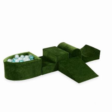 Mi Pjenasto igralište s brdom i bazenom mikro Velvet Soft Olive + 100 loptica: prozirna, biserna, metalik tirkizna