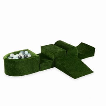 Mi Pjenasto igralište s brdom i bazenom mikro Velvet Soft Olive + 100 loptica: prozirna, mint, metalik grafitna, opalescentna