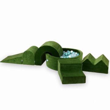 Mi Pjenasto igralište s okruglim bazenom 90x30 Velvet Soft Olive + 5 elemenata + 200 loptica: prozirna, biserna, metalik tirkizna