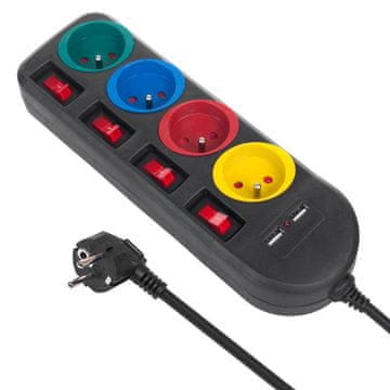 Maclean MCE229 B produžni kabel, 4 utičnice + 2xUSB, s prekidačima, 250VAC/10A, 2.1A 5V, 1.5m, crni