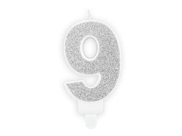 PartyDeco Rođendanska svijeća BROJ 9 SREBRNA 7 cm