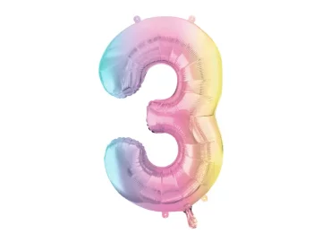 PartyDeco Balon za zabavu broj 3 86 cm pastelne dugine dekoracije za 3. rođendan