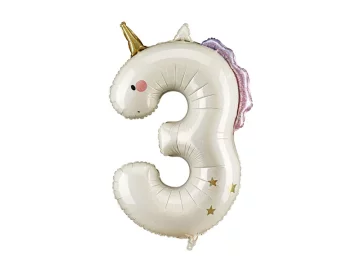 PartyDeco folijski balon s jednorogom broj ''3'', 93 cm