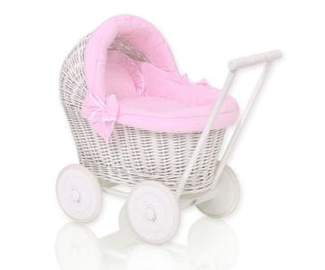MY SWEET BABY Bijela pletena kolica za lutke s ružičastom posteljinom i mekom podstavom STELLA