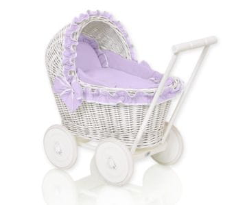 MY SWEET BABY Bijela pletena kolica za lutke s guralkom i ljubičastom posteljinom, mekana podstava CHIARA