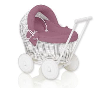 MY SWEET BABY Bijela pletena kolica za lutke s retro ružičastom posteljinom i mekom STELLA podstavom