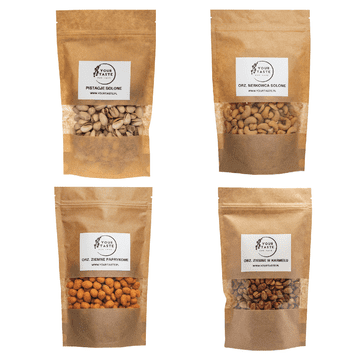 Slani pistacije 500g + Slani indijski oraščići 500g + Karamelizirani kikiriki 500g + Paprika kikiriki 500g