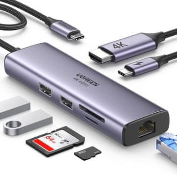 Ugreen 7-u-1 USB-C hub: HDMI + RJ45 + čitač kartica + USB + PD 100W