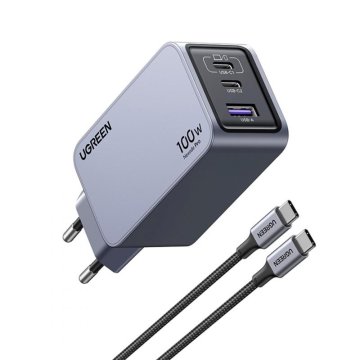 Ugreen Nexode Pro 100W GaN USB punjač s 3 priključka i priloženim 1,5 m USB-C kabelom za punjenje od 100 W