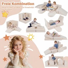 Costway Modularni dječji sofa za igru od 10 dijelova u bež boji s uklonjivim i perivim suede presvlakama