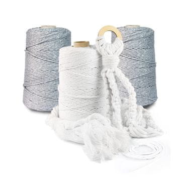 DQPP | Premium MAKRAMEE GARN | 200m | 3mm | Grau mit Silberfaden | 100% Baumwolle | Kordel Natur | Baumwollgarn Baumwollseil | DIY Handwerk Dekoration