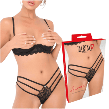 Daring! Crne Aurora čipkaste V-string gaćice s tri naramenice, veličina S/M