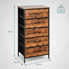 Northix Industrijska crna komoda s 5 ladica od tkanine, 94x45x30 cm