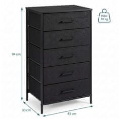 Northix Crna komoda od tkanine s 5 ladica - metalni okvir, MDF ploča
