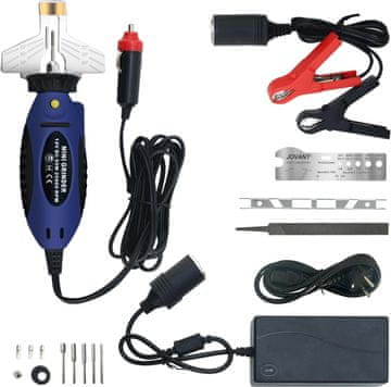 Nikcorp Električni oštrač lanaca za pile 12V 55W, 25000 okr/min, set s 5 brusnih kamena, podesivi kut oštrenja 25-35°, uključuje adapter 230V na 12V, za precizno oštrenje bez skidanja lanca, crni