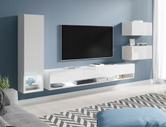 Zidni element od 4 dijela, viseći TV set 180 cm, stupac ormarića, sjajno bijela