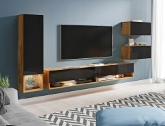 Zidni element od 4 dijela, viseći TV set, Wotan stupac za ormarić, crni sjaj