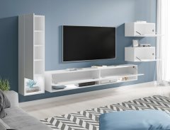 Zidni element od 4 dijela, viseći TV set 180 cm, stupac ormarića, sjajno bijela