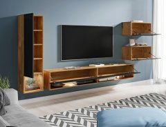 Zidni element od 4 dijela, viseći TV set, Wotan stupac za ormarić, crni sjaj