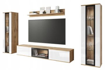 Zidni element za dnevni boravak s 2 vitrine i TV ormarićem od 180 cm, boja wotan/sjajno bijela s LED rasvjetom