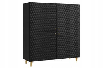 Visoka komoda 120 cm, crni grafit, romboidne MDF fronte, zlatne ručke i noge