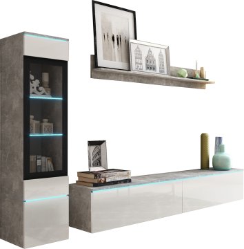Zidni TV element 180 cm, vitrina i polica, samostojeći/viseći, bijeli sjajni beton