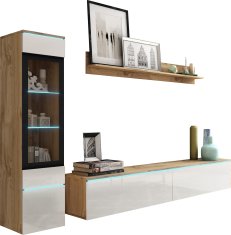 Zidni TV element 180 cm, vitrina i polica, samostojeći/viseći, wotan, bijeli sjaj